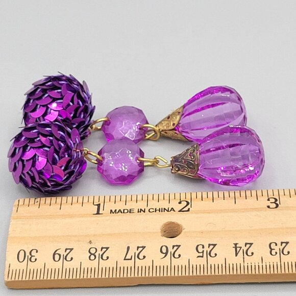 Purple Sequin Teardrop Bead Post Dangle Earrings Gold Tone Length 3 in - Picture 8 of 8